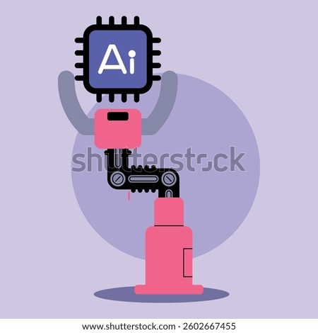 Colorful robotic arm extending chip labeled with AI. Technologys advancement in artificial intelligence concept