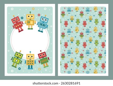 Colorful Robots Group with Pattern Background Illustration for Fun Tech Themes in Bright Colors for Kids Party Invites and Decor