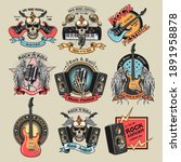 Colorful rock music emblems set. Bright badges with skulls, guitars, microphone, subwoofer speakers and text. Vector illustration collection for festival poster, rock and roll band label templates