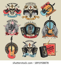 Colorful rock music emblems set. Bright badges with skulls, guitars, microphone, subwoofer speakers and text. Vector illustration collection for festival poster, rock and roll band label templates