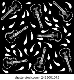 Colorful rock music seamless pattern with skulls and acoustic guitar for playing hard rock songs at concerts vector illustration