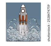 Colorful Rocket Blasting Off  Cartoon Style. Vibrant Rocket Launch with Smoke and Futuristic Design
