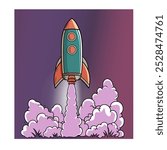 Colorful Rocket Blasting Off  Cartoon Style. Vibrant Rocket Launch with Smoke and Futuristic Design