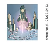 Colorful Rocket Blasting Off  Cartoon Style. Vibrant Rocket Launch with Smoke and Futuristic Design