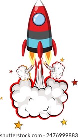 Colorful rocket blasting off with stars