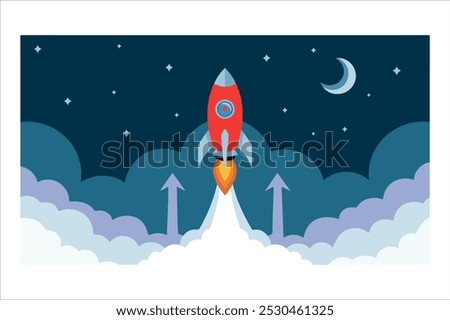 A colorful rocket blasts off into the night sky surrounded by clouds, dazzling rocket lifts off under a starry sky