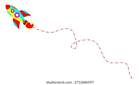 Cohete colorido con un rastro discontinuo. Juguetón camino de vuelo del cohete. Línea de doodle cohete brillante. Ilustración de cohete de dibujos animados simple.