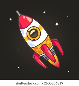Colorful rocket flying through outer space with stars vector illustration.