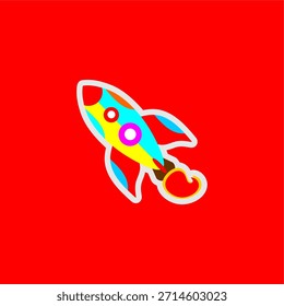 Ilustración colorida del icono del cohete. Ilustración vectorial del símbolo del cohete. Cohete con sombra aislada sobre fondo rojo. Vector de diseño de icono de cohete.	