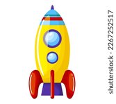 Colorful rocket icon. Yellow toy spaceship with portholes and red wings. Plastic kid space toy. Childhood educational and mental child playing. Flat vector illustration isolated on white background