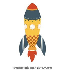 Colorful rocket Isolated on white background for your personal design project.
Vector cartoon illustration of space rocket ship with flame. Picture in modern flat style.