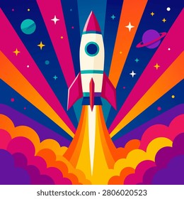 Colorful rocket launch vector illustration with stars planets and space burst.
