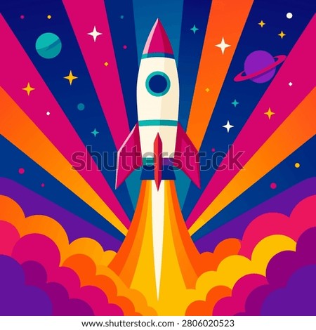 Colorful rocket launch vector illustration with stars planets and space burst.