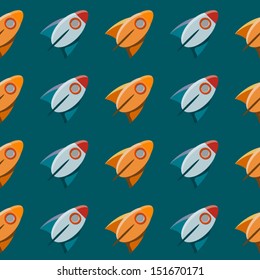 Colorful rocket on dark background. Seamless vector pattern.