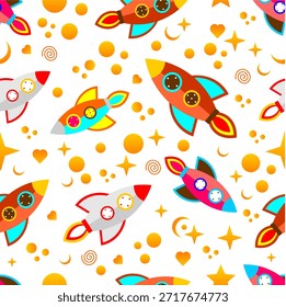 Cohete colorido sin patrón sobre fondo blanco. Diseño lindo del patrón del cohete espacial. Cohete juguetón de fondo sin fisuras. Divertidos cohetes de dibujos animados con patrón de estrellas. Tema del espacio de los niños sin patrón.