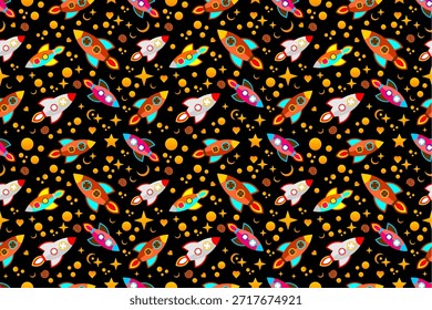 Patrón inconsútil colorido del cohete en fondo negro. Diseño lindo del patrón del cohete espacial. Cohete juguetón de fondo sin fisuras. Divertidos cohetes de dibujos animados con patrón de estrellas. Tema del espacio de los niños sin patrón.