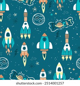 Colorful rocket ship and space-themed seamless pattern with planets and stars