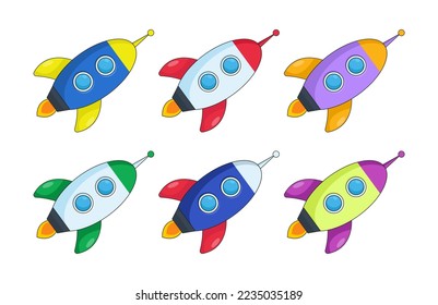 Colorful rocket ships vector illustrations set. Collection of cartoon drawings spaceships isolated on white background. Space, spacecraft, business, startup, technology concept