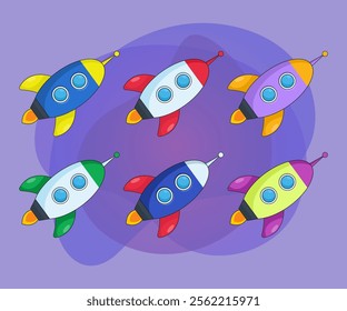 Colorful rocket ships vector illustrations set. Collection of cartoon drawings spaceships  on purple background. Space, spacecraft, business, startup, technology concept