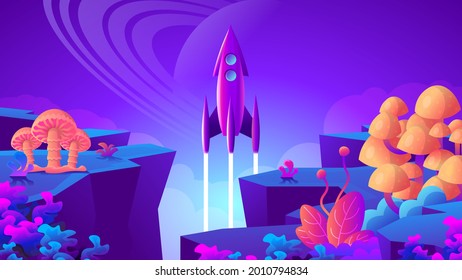 Colorful rocket takes off from alien planet. Landscape of unusual fantasy plants and mushrooms.