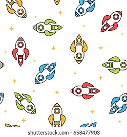 Colorful rockets seamless pattern black outline on white background