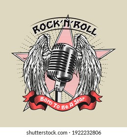 Colorful rock-n-roll emblem with microphone. Retro design for concert poster with angel wings, mic and text. Rock music festival and entertainment for band stamp, label, sign template