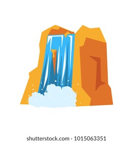 Colorful rocky mountain and beautiful waterfall with pure blue water. Element of landscape design. Nature concept. Cartoon flat vector illustration