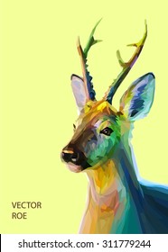 Colorful roe illustration.  Background with wild animal. Low poly roe with horns.