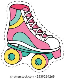 Colorful roller skate patch with dashed outline, evoking a sense of playful nostalgia and trendy fashion. Perfect for adding a touch of retro charm to designs