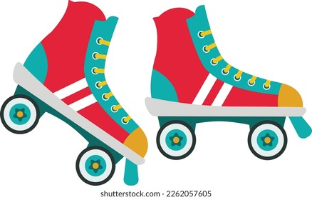 Colorful Roller Skates. Pair of Shoes for Skating retro model in modern style. Rollerblades Flat illustration isolated on white. Red and Blue Skating Shoes with white stripes and yellow laces