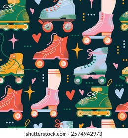 Colorful roller skates seamless pattern in retro style. Flat vector illustration isolated on dark background. Sport and disco. Retro fashion style from 80s and 90s.