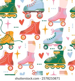 Colorful roller skates seamless pattern in retro style. Flat vector illustration isolated on white background. Sport and disco. Retro fashion style from 80s and 90s.