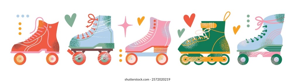 Colorful roller skates set in retro style. Flat vector illustration isolated on white background. Sport and disco. Retro fashion style from 80s and 90s.