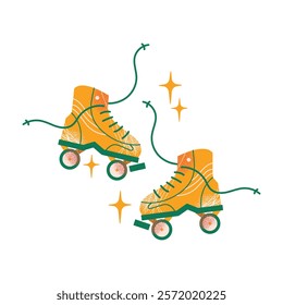 Colorful roller skates set in retro style. Flat vector illustration isolated on white background. Sport and disco. Retro fashion style from 80s and 90s.