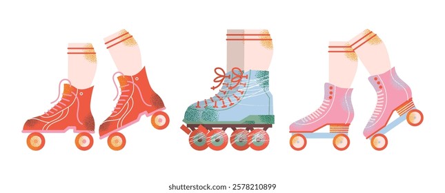 Colorful roller skates set in retro style. Flat vector illustration isolated on white background. Sport and disco. Retro fashion style from 80s and 90s.