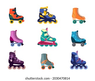 Colorful rollers on shoes set. Active fun fitness with inline skating jogging retro wheeled shoes extreme leisure from 80s and 90s kids and adult sizes in trendy vintage style. Vector cartoon.