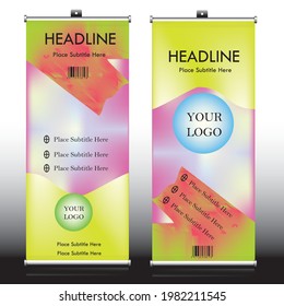 Colorful Rollup banner design with sample text placements, CMYK color rollup banner template with dummy text, mockup and, dummy icons, exhibition display art rollup banner, Roller or Pull Up Banners 