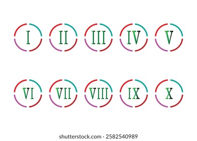 Colorful Roman Numerals 1-X in Circular Frames.