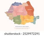 Colorful Romania map with outlined regions, regions names and counties, isolated on white background