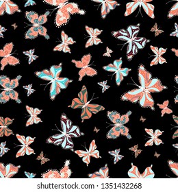 Colorful romantic butterflies seamless pattern background. Abstract background on black, orange and neutral colors. Decorative Vector illustration. With hand drawn butterflies.