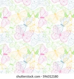 Colorful romantic butterflies seamless pattern background. Decorative vector illustration with hand drawn butterflies. Abstract seamless background.
