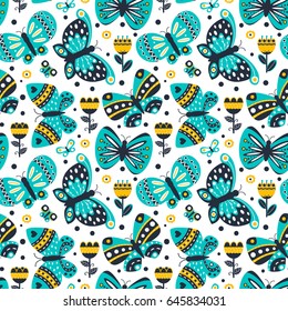 Colorful romantic butterflies seamless pattern background. Decorative vector illustration with hand drawn butterflies. Abstract seamless background. 