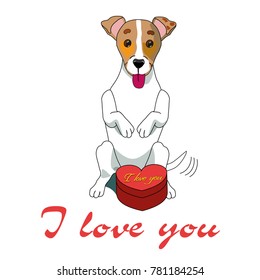 Colorful romantic greeting card with happy dog sitting near gift box in heart shape isolated vector illustration