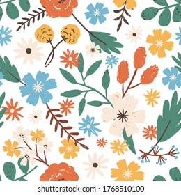 Colorful romantic hand drawn flowers seamless pattern. Elegant blooming garden flower with branches, leaves and stem vector flat illustration. Gorgeous floral backdrop with blossom herb and plant