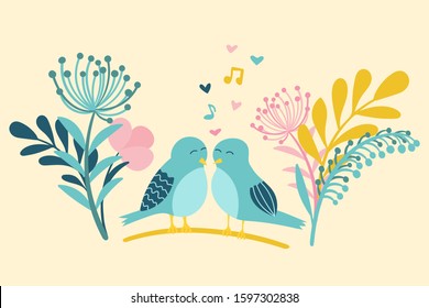 Colorful romantic illustration of two birds in love that sitting on branch among the flowers. Lovely postcard
