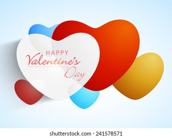 Colorful romantic love hearts with text Happy Valentine's Day on shiny sky blue background.