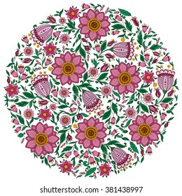 Colorful romantic round pattern with  flowers. Can be used for cards, invitations, fabrics, wallpapers, ornamental template for design and decoration.