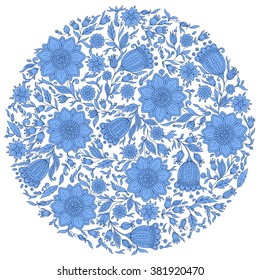 Colorful romantic round pattern with  flowers. Can be used for cards, invitations, fabrics, wallpapers, ornamental template for design and decoration.