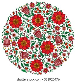 Colorful romantic round pattern with  flowers. Can be used for cards, invitations, fabrics, wallpapers, ornamental template for design and decoration.