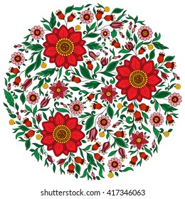 Colorful romantic round pattern with flowers. Can be used for cards, invitations, fabrics, wallpapers, ornamental template for design and decoration.